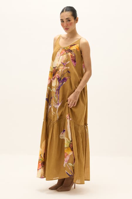 Buy_Kharakapas_Mustard Cotton Scoop Neck Penne Printed Dress _Online_at_Aza_Fashions