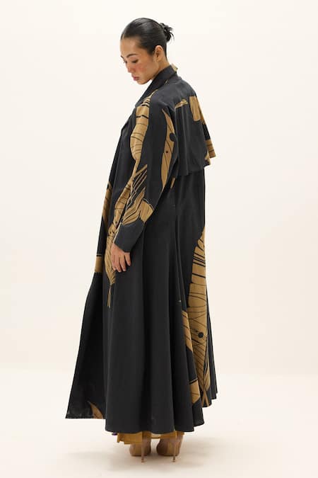 Kharakapas_Black Cotton Midnight Leaf Print Trench Coat _Online_at_Aza_Fashions