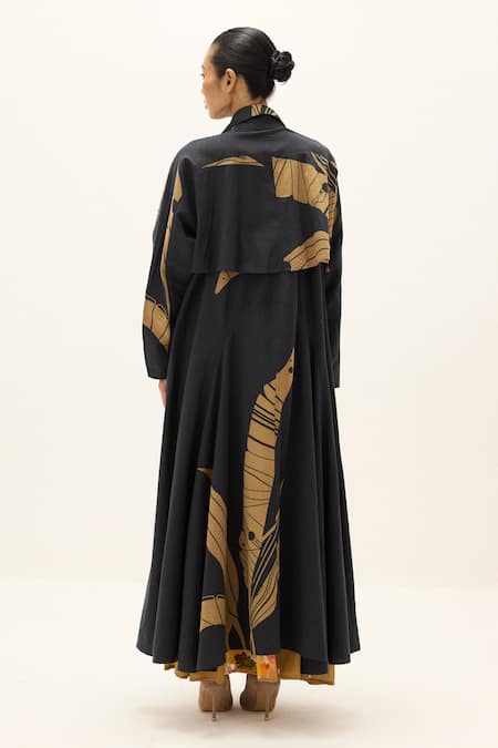 Kharakapas Midnight Leaf Print Trench Coat 