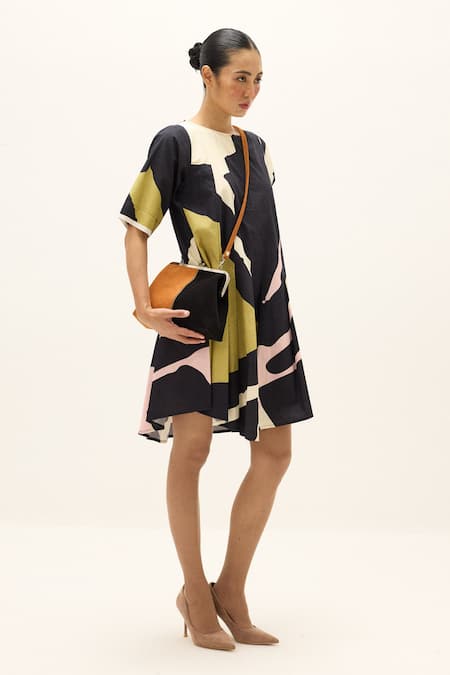 Kharakapas_Multi Color Poplin, Cotton Round Neck Faylen Printed Dress _Online_at_Aza_Fashions