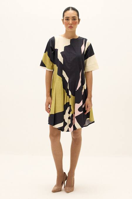 Buy_Kharakapas_Multi Color Poplin, Cotton Round Neck Faylen Printed Dress _Online_at_Aza_Fashions