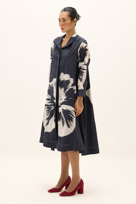 Kharakapas_Navy Cotton Collared Lioris Printed Shirt Dress _Online_at_Aza_Fashions