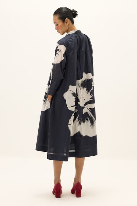 Buy_Kharakapas_Navy Cotton Collared Lioris Printed Shirt Dress _Online_at_Aza_Fashions