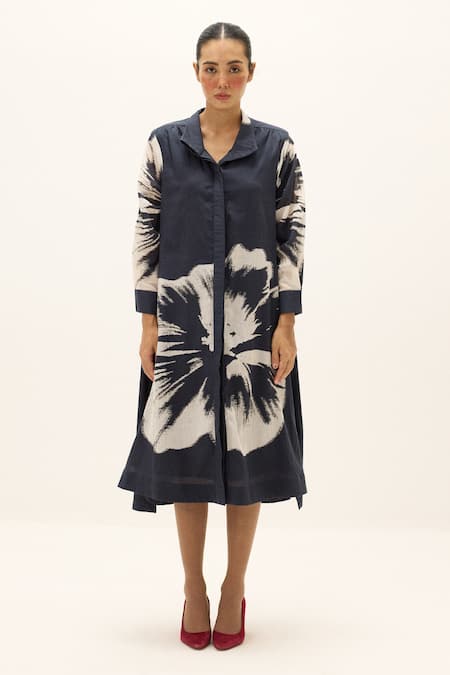 Shop_Kharakapas_Navy Cotton Collared Lioris Printed Shirt Dress _Online_at_Aza_Fashions