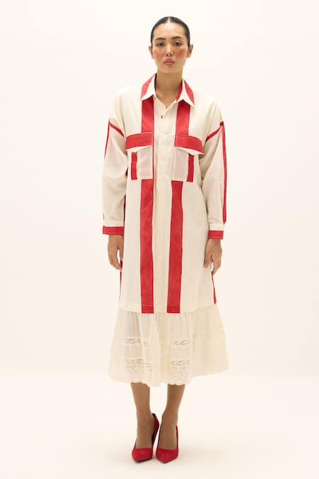 Kharakapas_Off White Cotton Lace Collared, Button-down Neck Sylvia Dress _Online_at_Aza_Fashions