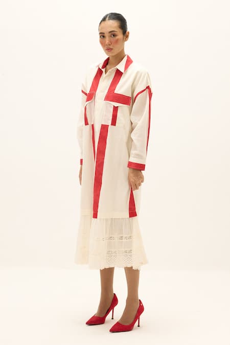 Shop_Kharakapas_Off White Cotton Lace Collared, Button-down Neck Sylvia Dress _Online_at_Aza_Fashions