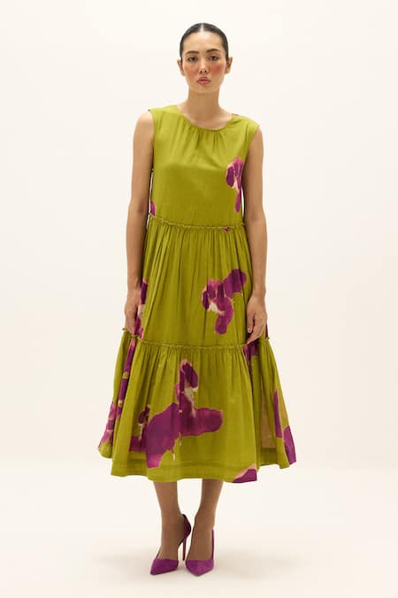 Kharakapas_Green Cotton Round Neck Florine Dress _Online_at_Aza_Fashions