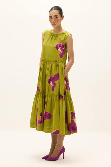 Buy_Kharakapas_Green Cotton Round Neck Florine Dress _Online_at_Aza_Fashions