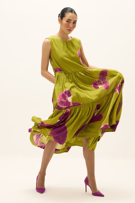 Shop_Kharakapas_Green Cotton Round Neck Florine Dress _Online_at_Aza_Fashions