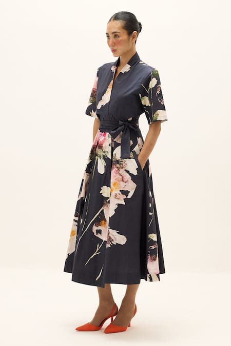 Kharakapas_Multi Color Cotton, Poplin V-neck Kuro Printed Wrap Dress _Online_at_Aza_Fashions