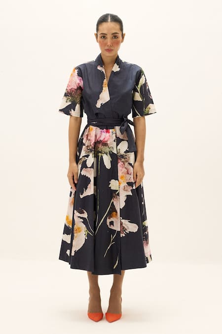Buy_Kharakapas_Multi Color Cotton, Poplin V-neck Kuro Printed Wrap Dress _Online_at_Aza_Fashions