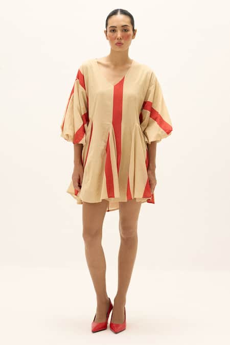 Kharakapas_Beige Cotton V-neck Sandline Dress _Online_at_Aza_Fashions