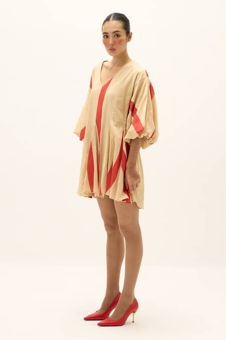 Buy_Kharakapas_Beige Cotton V-neck Sandline Dress _Online_at_Aza_Fashions