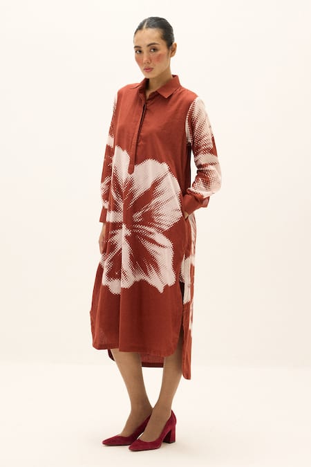 Kharakapas_Red Cotton Collared Hibisca Print Shirt Dress _Online_at_Aza_Fashions