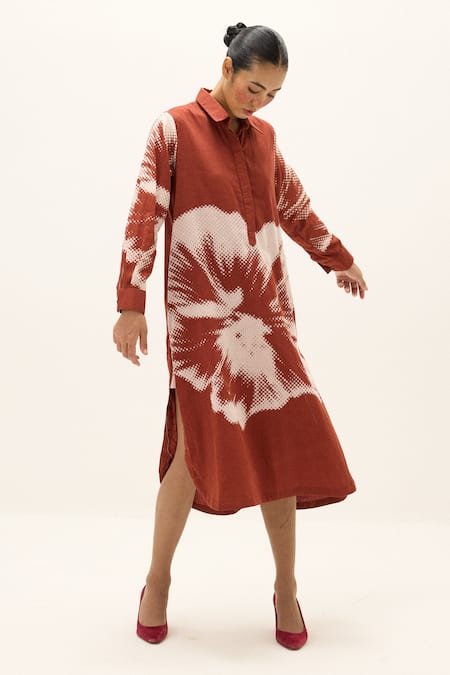 Buy_Kharakapas_Red Cotton Collared Hibisca Print Shirt Dress _Online_at_Aza_Fashions