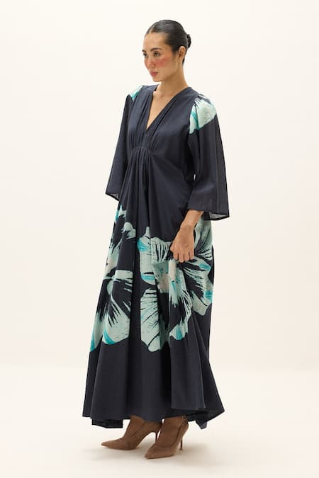 Kharakapas_Charcoal Cotton V-neck Celestine Printed Dress _Online_at_Aza_Fashions