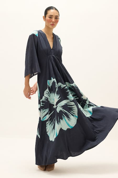 Buy_Kharakapas_Charcoal Cotton V-neck Celestine Printed Dress _Online_at_Aza_Fashions