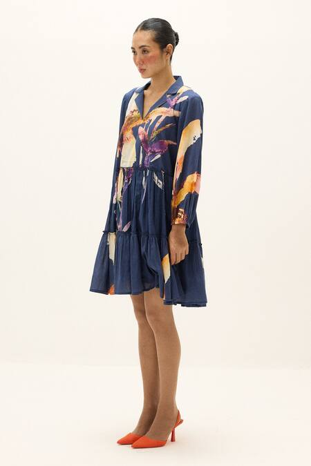 Kharakapas_Multi Color Cotton Collared, V-neck Serene Printed Dress _Online_at_Aza_Fashions