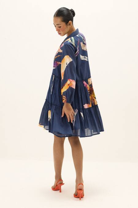 Buy_Kharakapas_Multi Color Cotton Collared, V-neck Serene Printed Dress _Online_at_Aza_Fashions