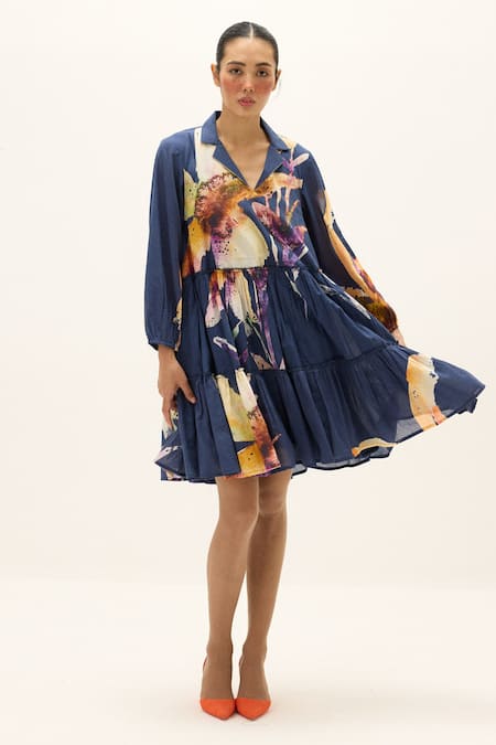 Shop_Kharakapas_Multi Color Cotton Collared, V-neck Serene Printed Dress _Online_at_Aza_Fashions