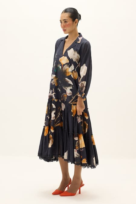 Kharakapas_Charcoal Cotton Lace, Foil Printing Collared, V-neck Maria Printed Dress _Online_at_Aza_Fashions