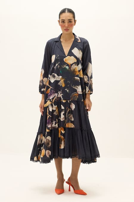 Buy_Kharakapas_Charcoal Cotton Lace, Foil Printing Collared, V-neck Maria Printed Dress _Online_at_Aza_Fashions