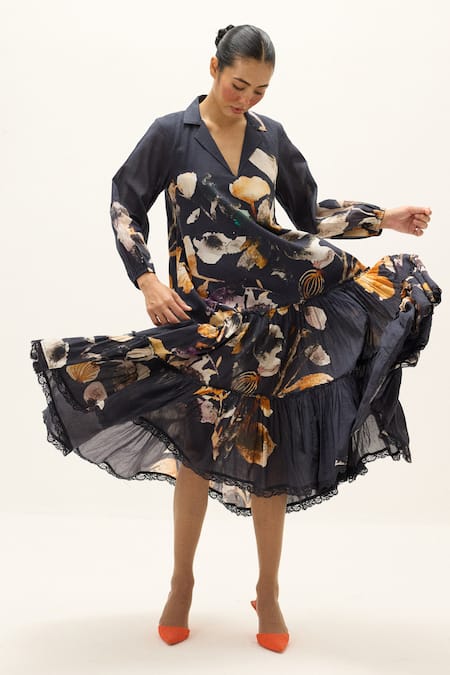 Shop_Kharakapas_Charcoal Cotton Lace, Foil Printing Collared, V-neck Maria Printed Dress _Online_at_Aza_Fashions