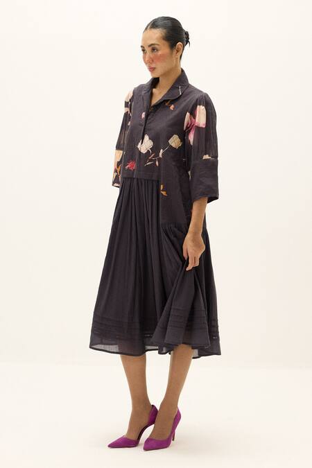 Kharakapas_Charcoal Cotton Collared Dusky Garden Print Dress _Online_at_Aza_Fashions