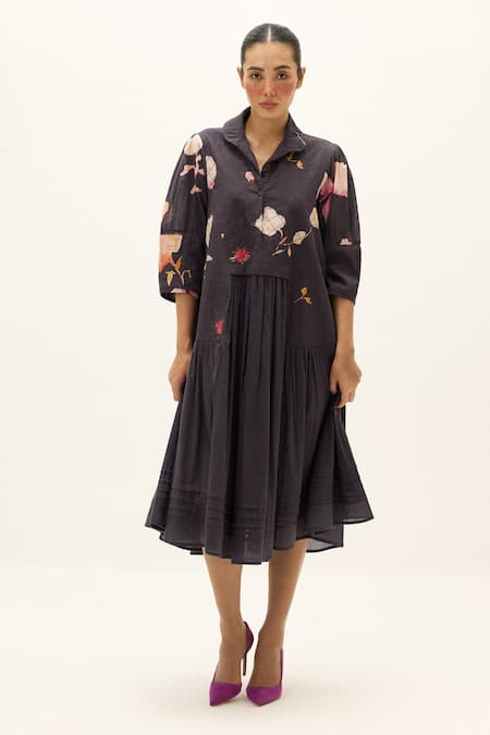 Buy_Kharakapas_Charcoal Cotton Collared Dusky Garden Print Dress _Online_at_Aza_Fashions