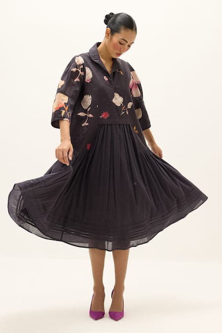 Shop_Kharakapas_Charcoal Cotton Collared Dusky Garden Print Dress _Online_at_Aza_Fashions