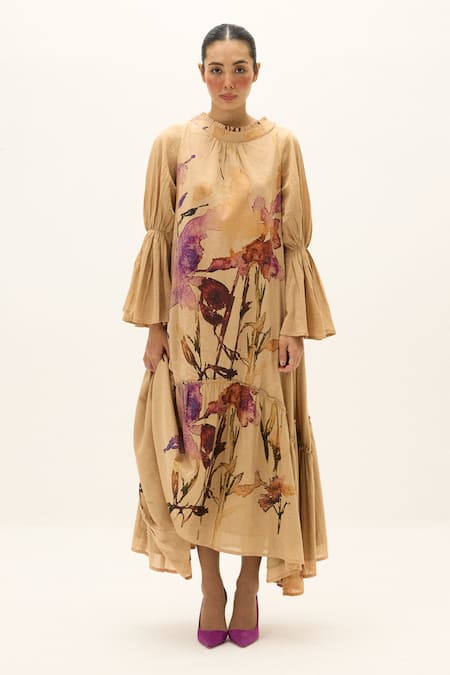 Shop_Kharakapas_Multi Color Cotton High Neck Fernway Dress _Online_at_Aza_Fashions