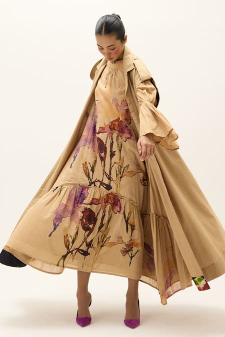 Kharakapas_Beige Twill, Cotton Chestnut Trench Coat _Online_at_Aza_Fashions