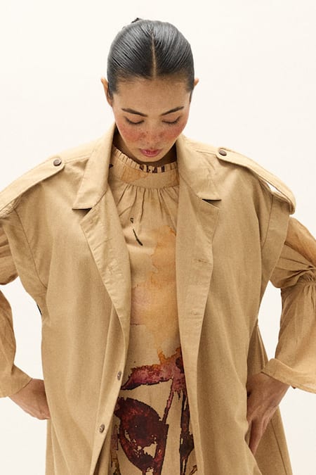 Shop_Kharakapas_Beige Twill, Cotton Chestnut Trench Coat _Online_at_Aza_Fashions