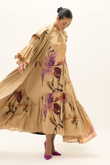 Buy_Kharakapas_Beige Twill, Cotton Chestnut Trench Coat 