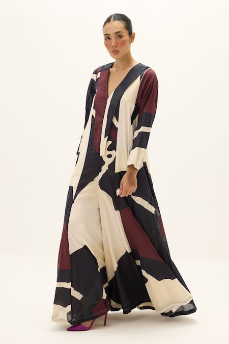 Buy_Kharakapas_Burgundy Cotton V-neck Ella Jumpsuit _Online_at_Aza_Fashions