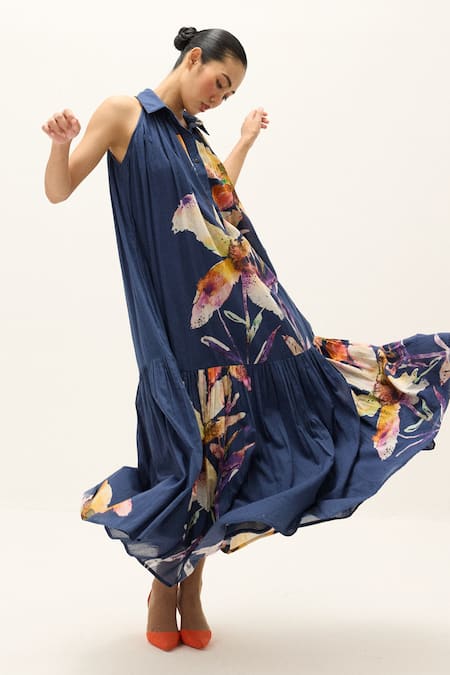 Buy_Kharakapas_Blue Cotton Collared Dania Dress _Online_at_Aza_Fashions