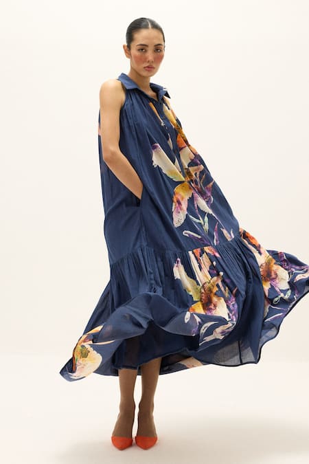 Shop_Kharakapas_Blue Cotton Collared Dania Dress _Online_at_Aza_Fashions