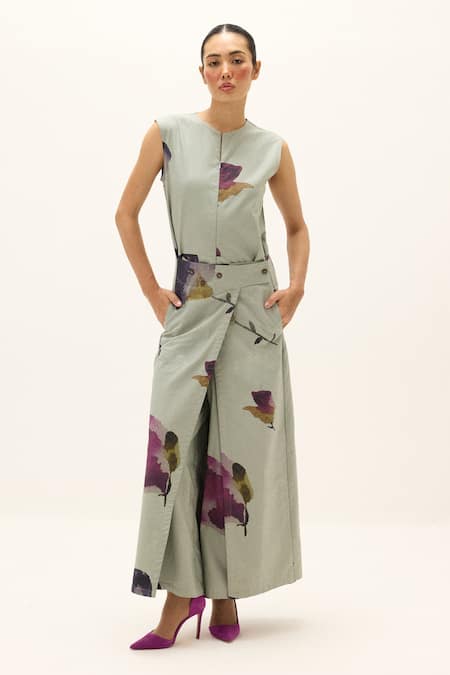 Kharakapas_Blue Oxford, Cotton Round Neck Riverbend Jumpsuit _Online_at_Aza_Fashions
