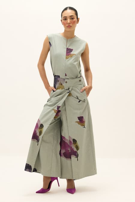 Buy_Kharakapas_Blue Oxford, Cotton Round Neck Riverbend Jumpsuit _Online_at_Aza_Fashions