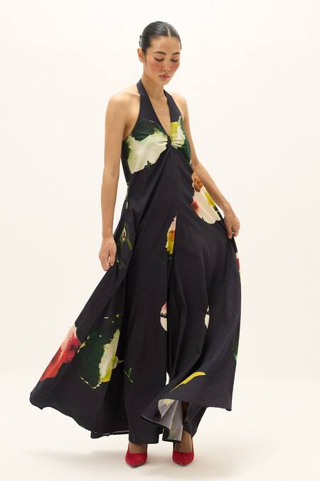 Kharakapas_Multi Color Cotton Halter Neck Petalfall Print Jumpsuit _Online_at_Aza_Fashions