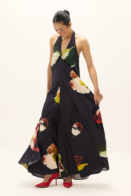 Buy_Kharakapas_Multi Color Cotton Halter Neck Petalfall Print Jumpsuit _Online_at_Aza_Fashions