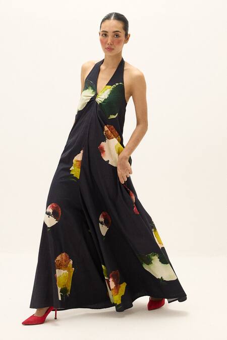 Shop_Kharakapas_Multi Color Cotton Halter Neck Petalfall Print Jumpsuit _Online_at_Aza_Fashions