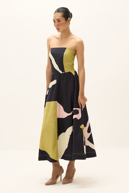 Buy_Kharakapas_Multi Color Cotton Bandeau Neck Prism Printed Dress _Online_at_Aza_Fashions