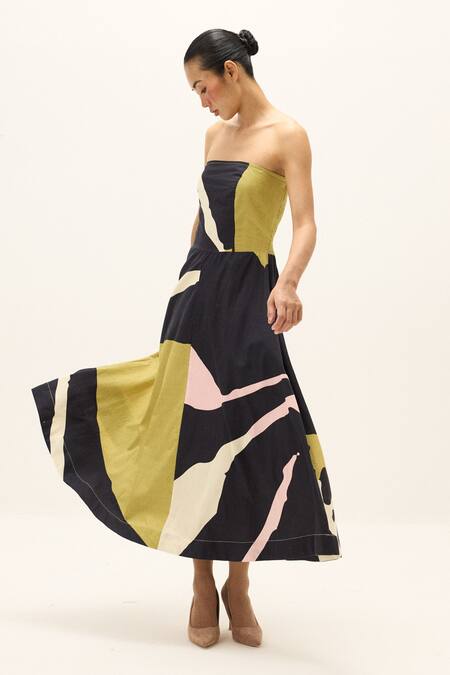 Shop_Kharakapas_Multi Color Cotton Bandeau Neck Prism Printed Dress _Online_at_Aza_Fashions