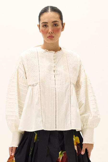 Shop_Kharakapas_White Cotton Lace Round Neck Oris Pintuck Top _Online_at_Aza_Fashions