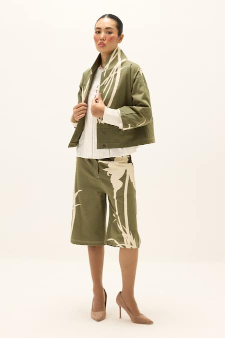 Buy_Kharakapas_Olive Green Cotton, Twill High Neck Fennel Printed Jacket With Shorts _Online_at_Aza_Fashions