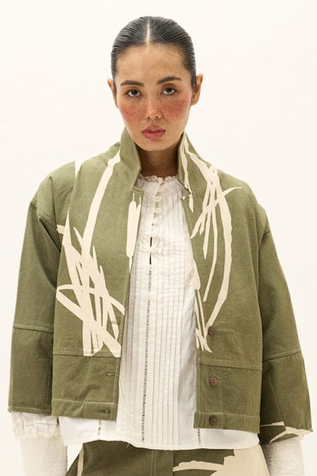 Shop_Kharakapas_Olive Green Cotton, Twill High Neck Fennel Printed Jacket With Shorts 