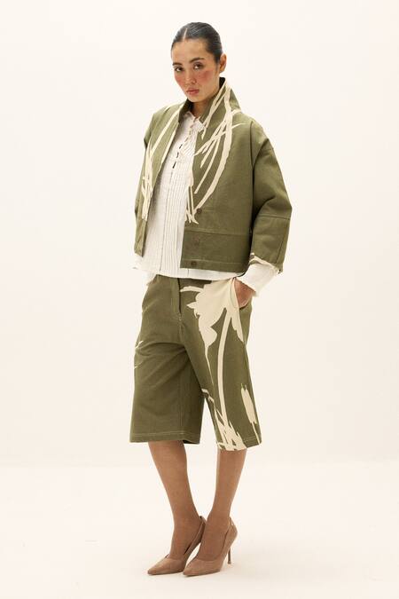 Shop_Kharakapas_Olive Green Cotton, Twill Collared Fennel Printed Jacket _Online_at_Aza_Fashions