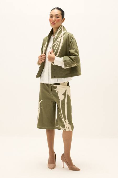 Buy_Kharakapas_Olive Green Cotton, Twill Collared Fennel Printed Jacket 