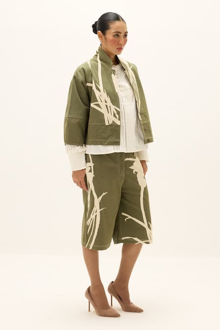 Kharakapas_Olive Green Cotton, Twill Fennel Printed Culottes _at_Aza_Fashions